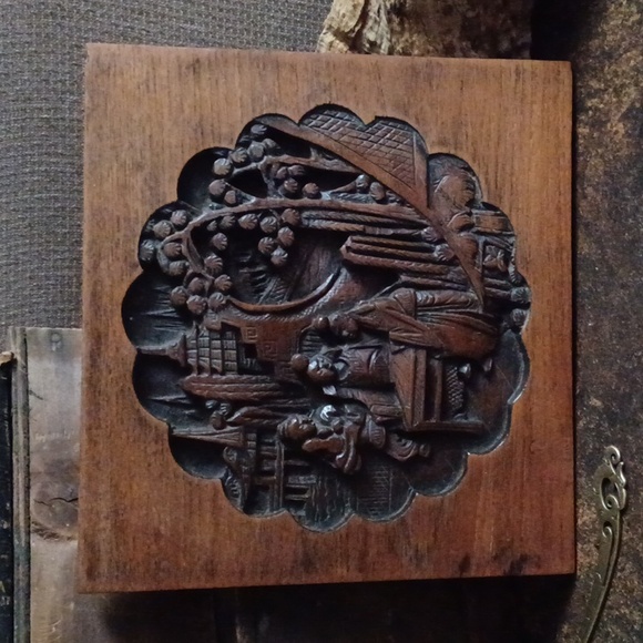 Vintage Asian Wood Plaque Hand Carved Chinese Wall Plaque Carved Wood Plaque - Picture 1 of 17